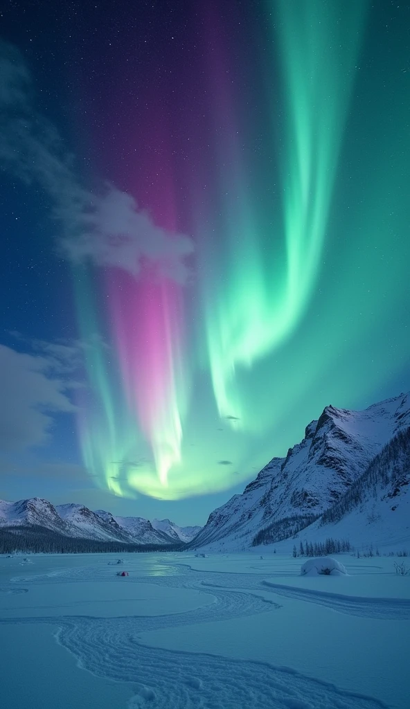 A breathtaking night sky in the Arctic, illuminated by vibrant auroras dancing across the heavens. The auroras display shades of green, purple, and pink, swirling and flowing like curtains in the wind. Below, the landscape is covered in snow, reflecting the colors of the auroras above. The sky is filled with countless stars, creating a magical and serene atmosphere. The scene captures the ethereal beauty and wonder of the Northern Lights as they gracefully move across the cold, clear Arctic night.
