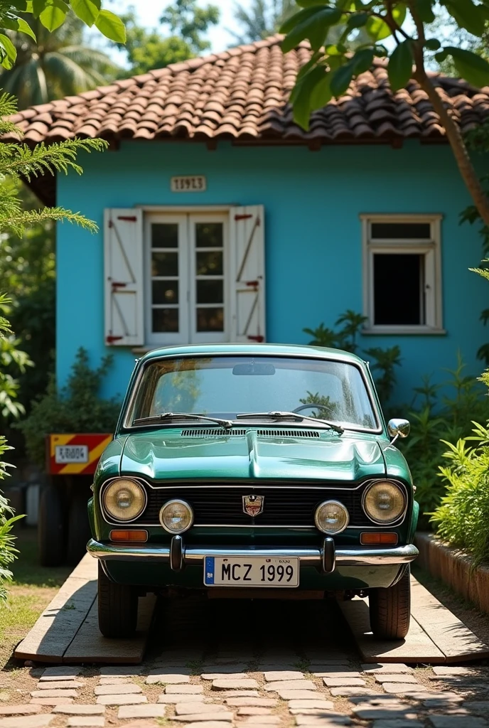 Dark green Chevette car, license plate MCZ 1989, being shipped to an old blue house from the 1960s in northeastern Brazil with white wooden windows on the facade, cobblestone driveway.