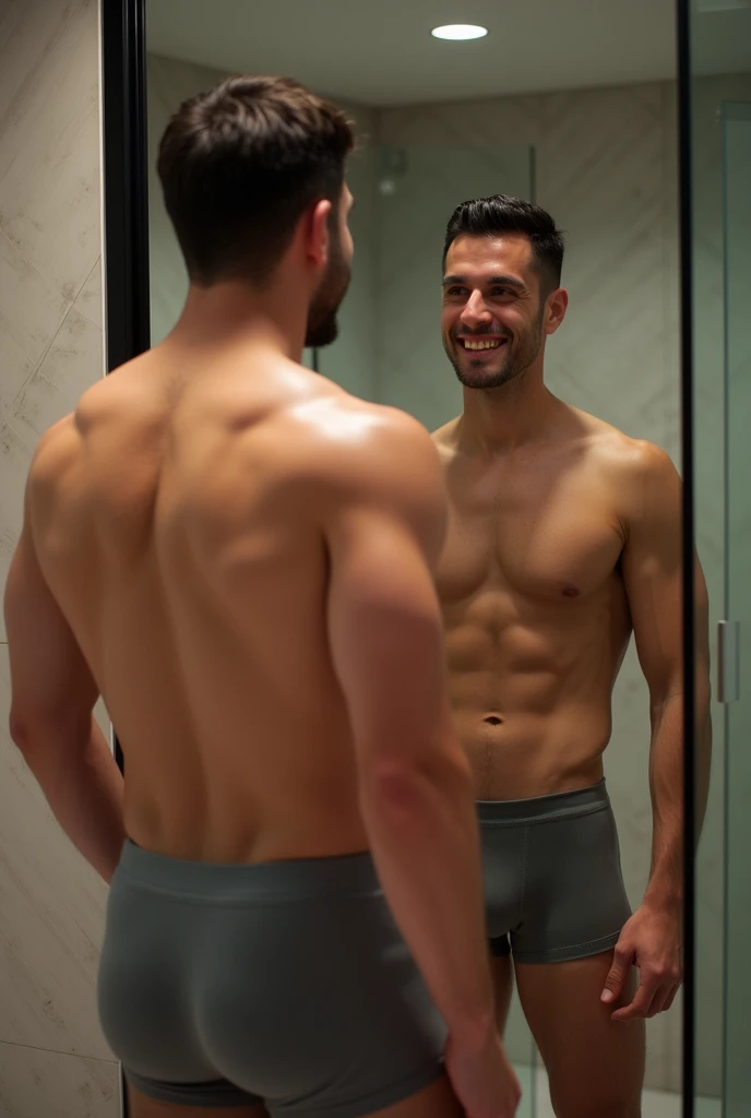 Man in boxer shorts with his marked penis and abdomen in front of a bathroom mirror