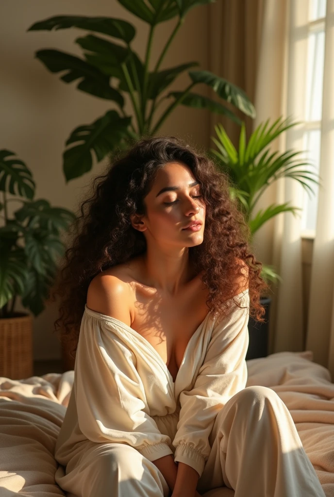 (photorealism:1.2), beautiful woman, sitting on bed, wearing loose off-shoulder top, pajama pants, long curly hair, indoors, soft lighting, plants in background, window with sunlight, cozy room, relaxed pose, realistic, intricate details, warm colors, by Greg Rutkowski, by Alphonse Mucha