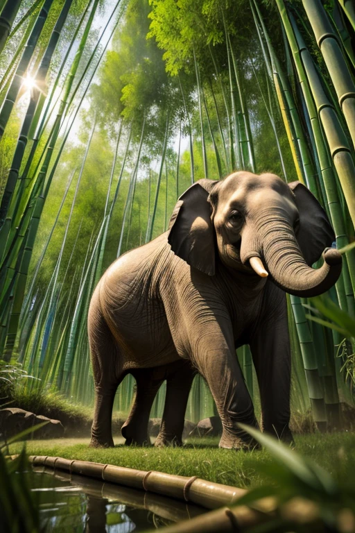best quality, high quality, ultra quality, 8k, masterpiece, detailed, extremely detailed, insanely detailed, ultra detailed, ultra highres ,exquisite, lifelike Images,cinematic experience,UHD picture,Realistic,photorealistic,hyperrealistic,vivid,RAW photo,shot by DSLR, Giant Bamboo forest, Bamboo trees, elephant prowling in the bamboo forest, bamboo trees, elephant in the bamboo forest,