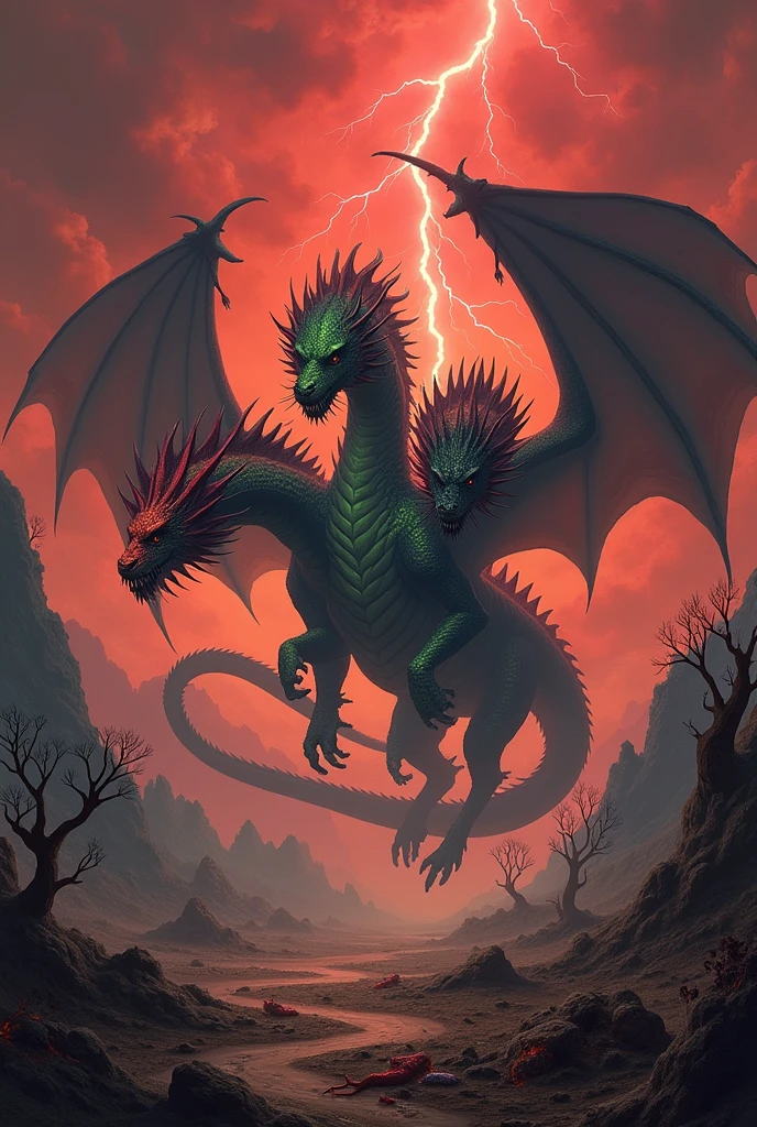 The three-headed dragon with two tails eats dogs for food.