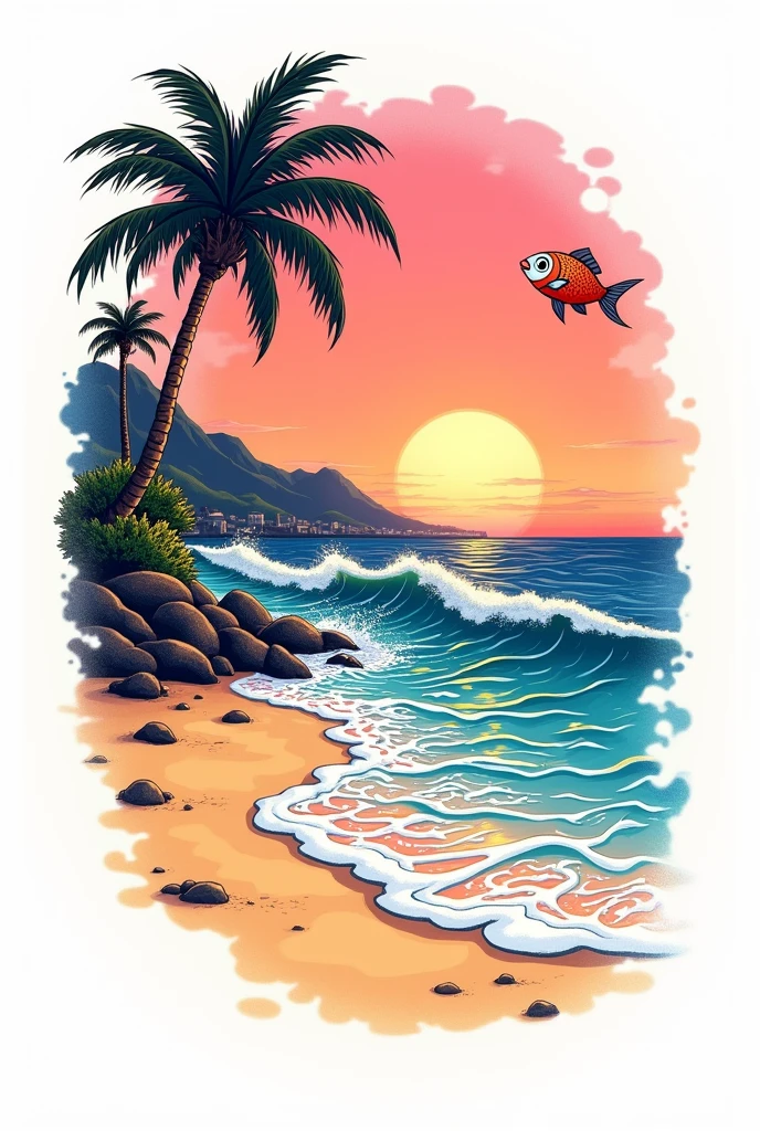 Idea for an American Neo Traditional - Japanese tattoo of a beach in sand colors , pink and orange gradient blue sky,with a fully white background