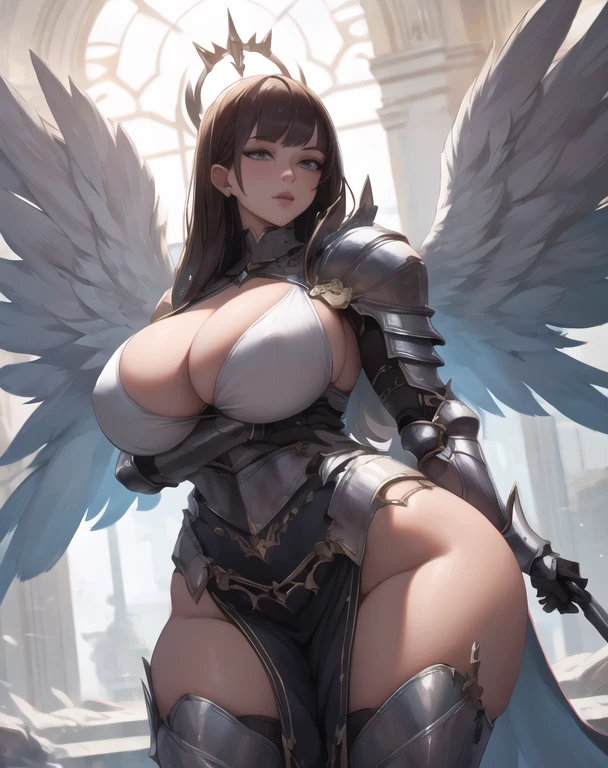 (best quality), (masterpiece), 1 girl, early 20's, huge heavy , busty, breasts, thick lips, wide hips, thin waist, wings, armor, knight, knight armor