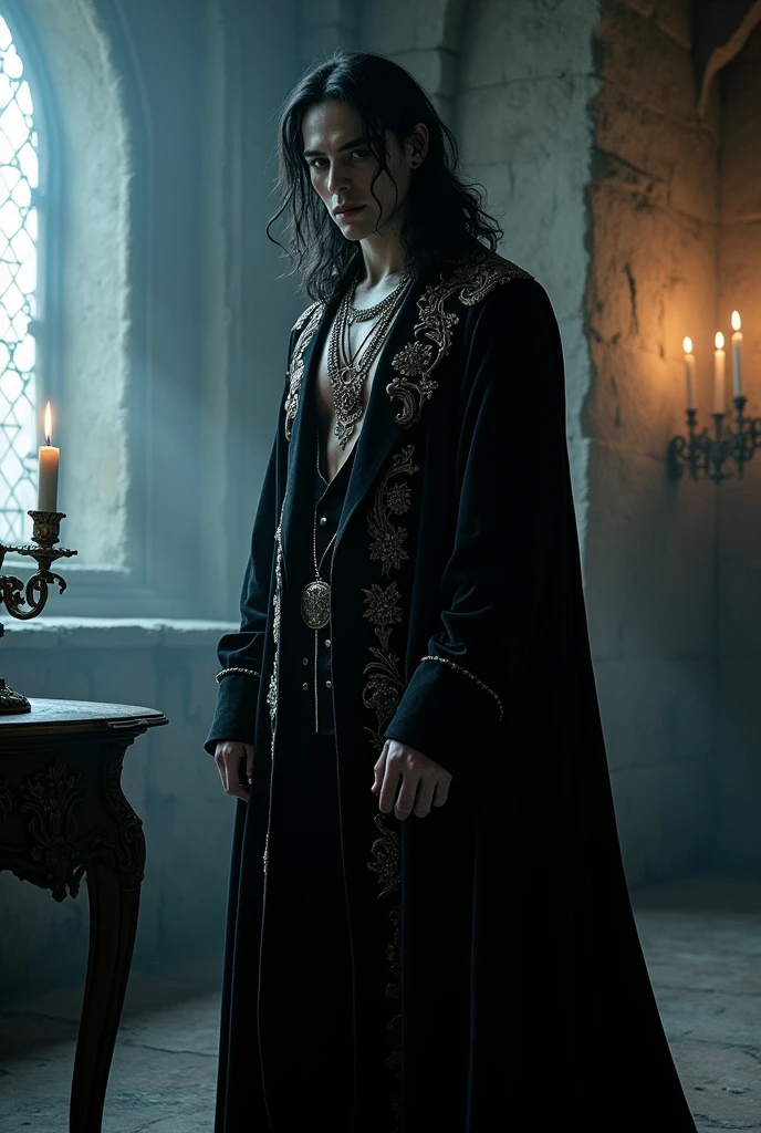 A vampire wearing gothic clothes。