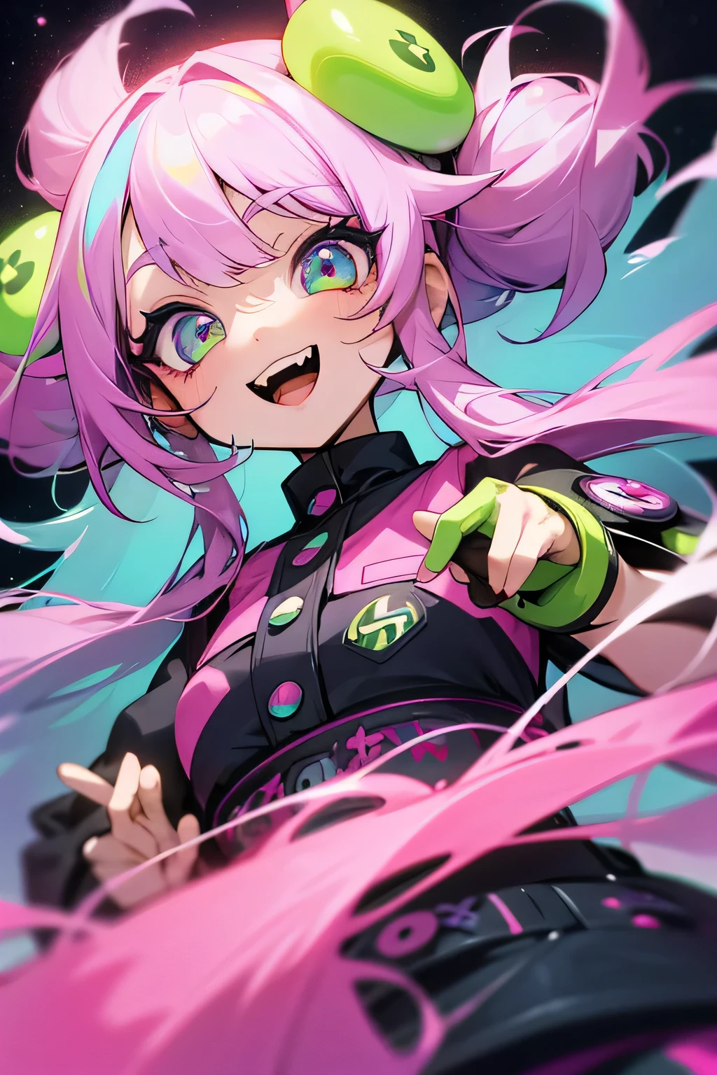 Girl, fluffy hair, cool hairstyles, pink and green, long hair, big eyes, long eyelashes, colorful green eyes, round eyes, stars in the eyes, open mouth, jagged teeth, pop, cute, Colorful, dynamic, pastel, (colorful:1), (sketch:0.3), (hyper pop:1), Jirai Kei, (realistic:1.3), Demonic, phonk, neon, creepy smile, obscure scene, dangerous, tsundere, badass, sassy, buttons, gamer, toxic, doll, plushies