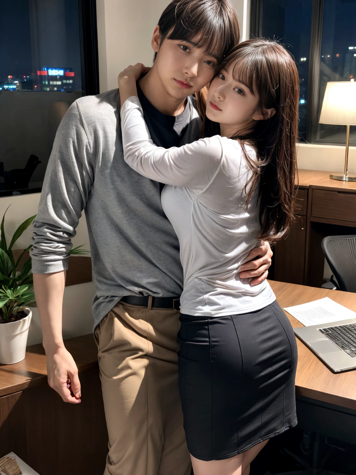 A handsome CEO with his beutiful girlfriend,who is on wear tight t-shirt and skirt having sexual intercourse together with him in his luxury office at night.
While he carefully romantically falls down her hair., laege breasts, Hug from behind.