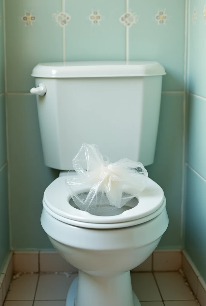 toilet bowl with a plastic bag stretched under the lid