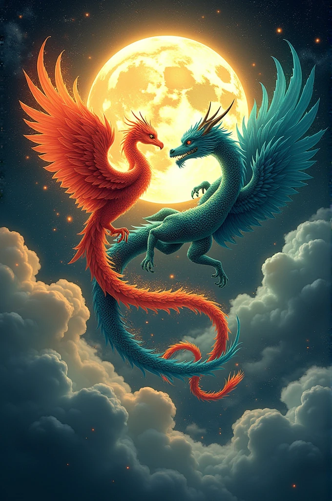 Phoenix and Dragon circulating the moon.