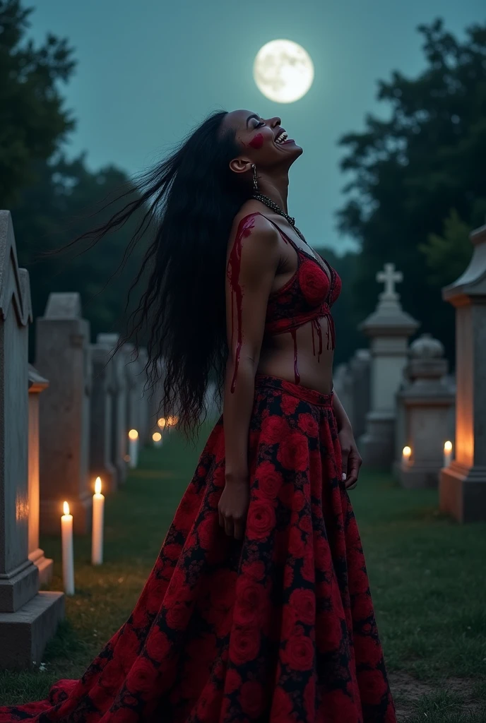 beautiful african, naked, covered in blood, red and black roses. jovial laughter, cemetery, floor length hair, naked, unclothed, Wavy, wind, candles, terror, full moon, face covered with a veil 