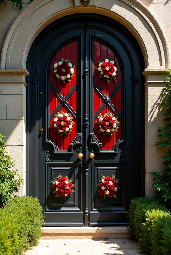 Black wrought iron door with a red diamond-shaped grill with flowers at each vertex using three colors of red, white and gold