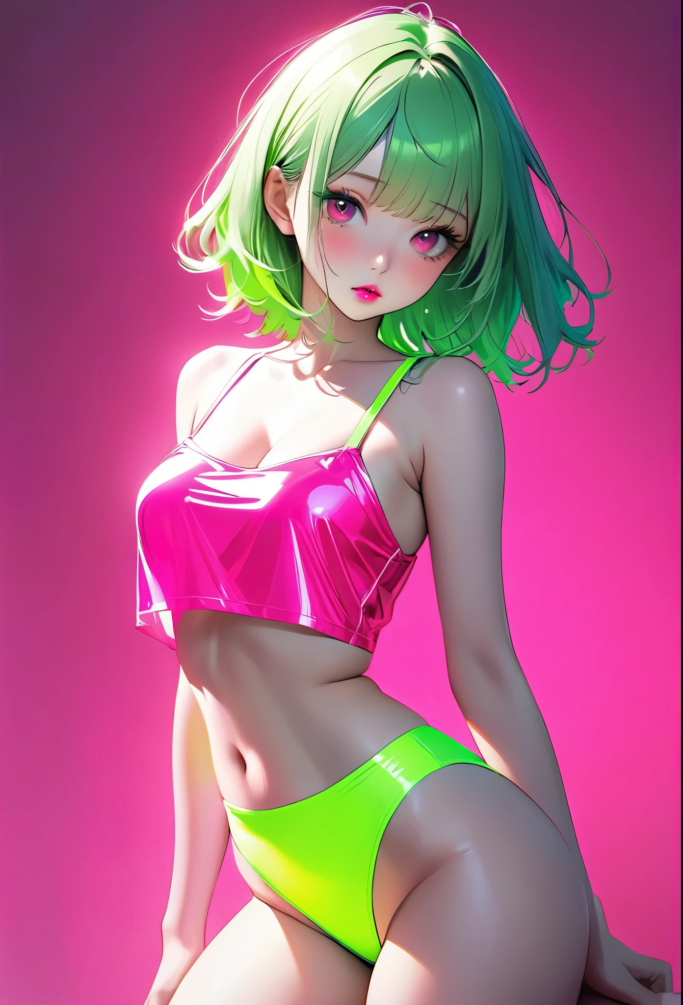 ulzzang, neon pink lipstick, , perfect tits, thin thighs, thin, sexy, lime green metallic crop top, ((underboob)), (messy neon green hair), pink eyes, minimalist, lonely, cleavage, monochromatic neon green color palette, soft lighting, ((submissive)), blushing, ((neon pink background)), ((looking at viewer)), ((realistic)),