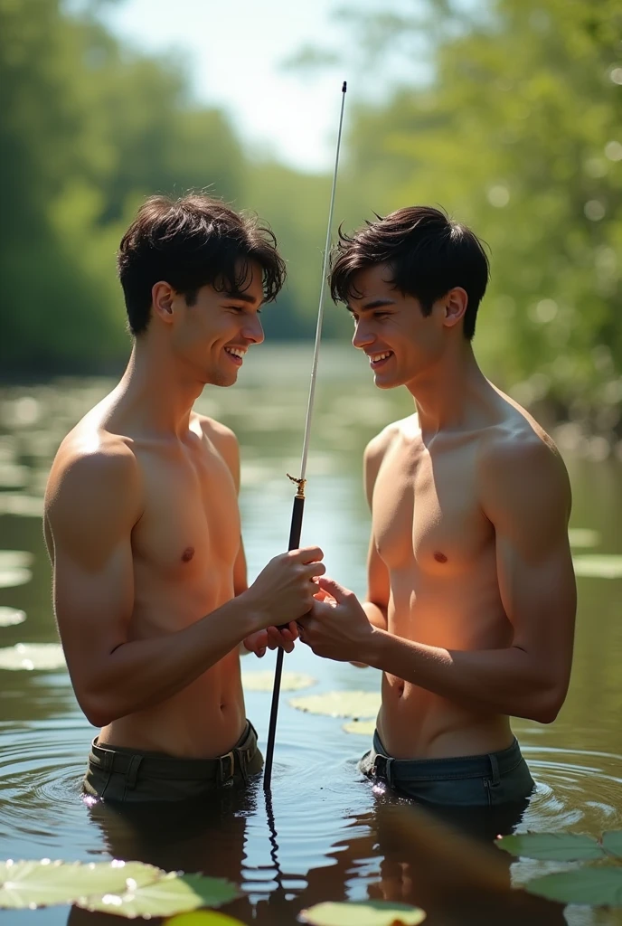 Two handsome young men, with beautiful features, white skin, and soft skin, are skinny and have short black hair. They are shirtless in a fishing swamp, with one showing his friend how to fish.