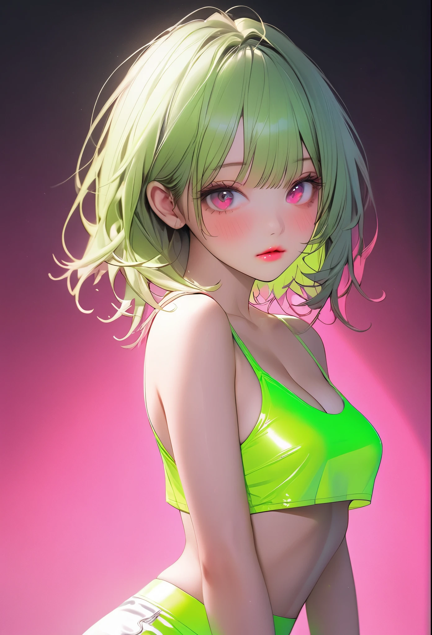 ulzzang, neon pink lipstick, big tits, thick thighs, thin waist, sexy, lime green metallic crop top, ((underboob)), (messy neon green hair), pink eyes, minimalist, lonely, cleavage, monochromatic neon green color palette, soft lighting, ((submissive)), blushing, ((neon pink background)), ((looking at viewer)), ((realistic)),