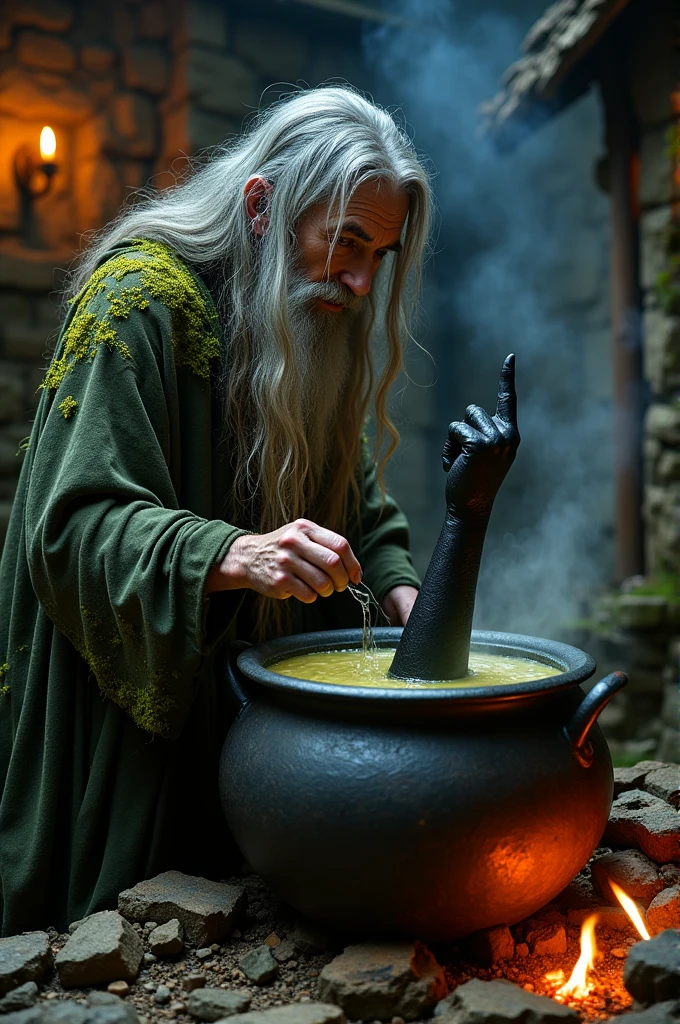 old witch stirring the cauldron, in the cauldron place a black arm showing the middle finger