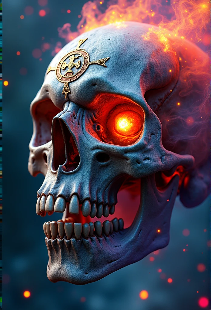 a close up of a skull with one eye in fury usando fones dd ouvido, viking symbols, impacting skull, broken teeth, fantasy skull, scary colorful detailed art, scary colorful art 8k, sacred skull, psychedelic background conjuration, detailed digital art, texture, sacred skulls , psychedelic illustration, textured skull, skull face, death skull, scary color art, psychedelic art style