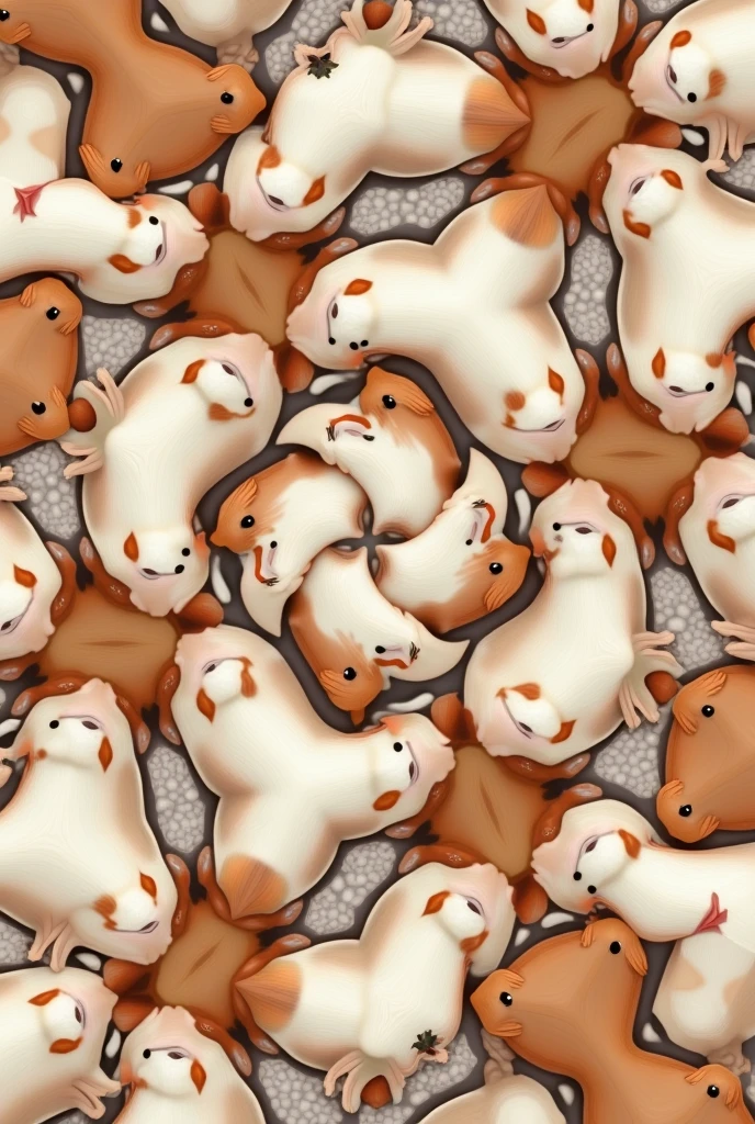 Could you generate a tessellation of guinea pigs from a square, where all the shapes match and there are no gaps?, that has axial symmetry and translation.
That the figures of the animal are together so that they are only guinea pigs(a guinea pig repeated several times,only the model of one repeated several times but that when they are together they fit and do not leave a space)and no other material and that they are in a way that they say a pattern and the figures fit well .That they are glued and to match it has a slightly geometric figure but that it is a guinea pig
