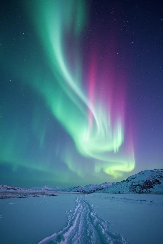 A breathtaking night sky in the Arctic, illuminated by vibrant auroras dancing across the heavens. The auroras display shades of green, purple, and pink, swirling and flowing like curtains in the wind. Below, the landscape is covered in snow, reflecting the colors of the auroras above. The sky is filled with countless stars, creating a magical and serene atmosphere. The scene captures the ethereal beauty and wonder of the Northern Lights as they gracefully move across the cold, clear Arctic night.
