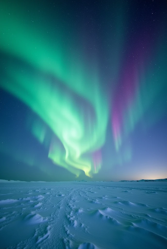 A breathtaking night sky in the Arctic, illuminated by vibrant auroras dancing across the heavens. The auroras display shades of green, purple, and pink, swirling and flowing like curtains in the wind. Below, the landscape is covered in snow, reflecting the colors of the auroras above. The sky is filled with countless stars, creating a magical and serene atmosphere. The scene captures the ethereal beauty and wonder of the Northern Lights as they gracefully move across the cold, clear Arctic night.