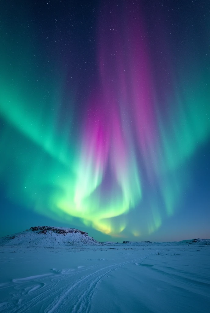 A breathtaking night sky in the Arctic, illuminated by vibrant auroras dancing across the heavens. The auroras display shades of green, purple, and pink, swirling and flowing like curtains in the wind. Below, the landscape is covered in snow, reflecting the colors of the auroras above. The sky is filled with countless stars, creating a magical and serene atmosphere. The scene captures the ethereal beauty and wonder of the Northern Lights as they gracefully move across the cold, clear Arctic night.