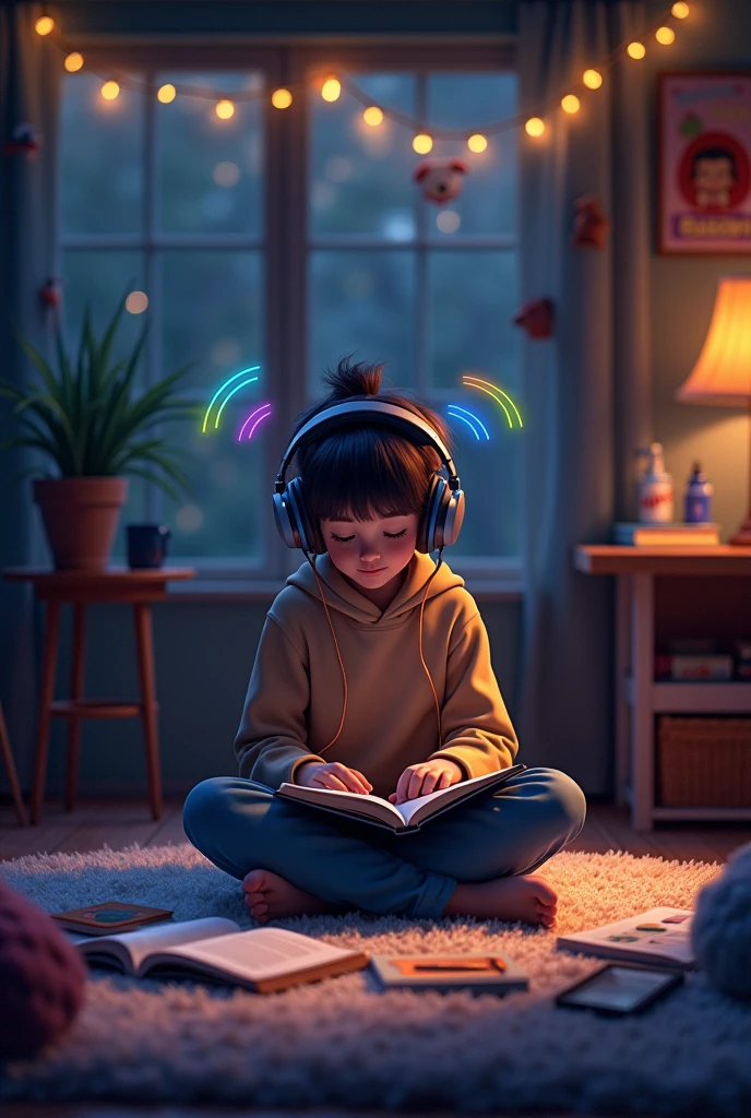 night、Studying in a cozy room while listening to music, Using headphones, 2D-style animation, Lo-Fi, hard disk, Dark Environment