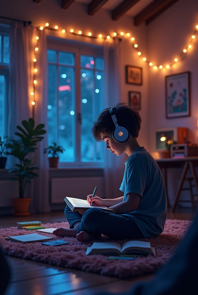 night、Studying in a cozy room while listening to music, Using headphones, 2D-style animation, Lo-Fi, hard disk, Dark Environment