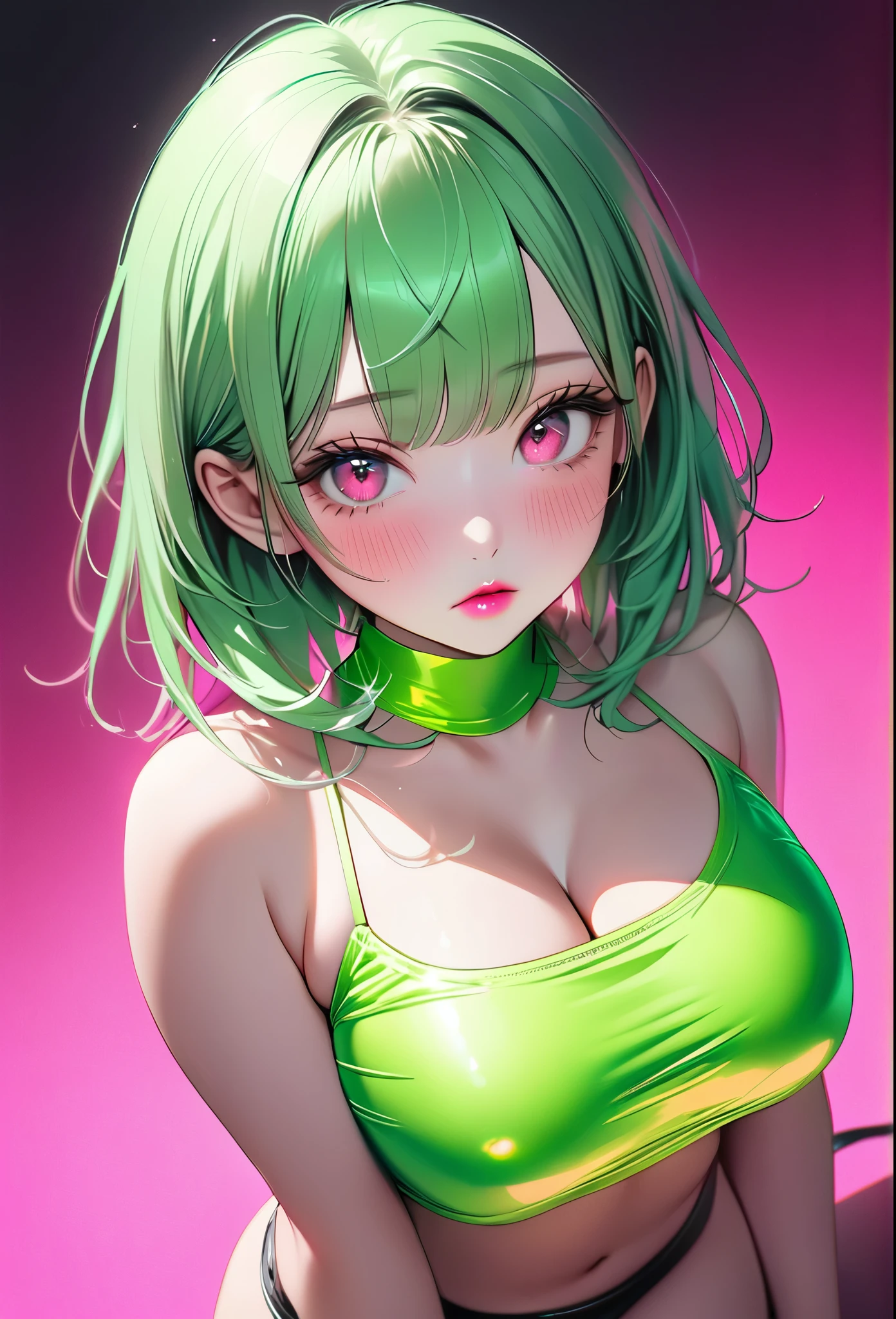 ulzzang, neon pink lipstick, big tits, thick thighs, slender waist, sexy, lime green metallic crop top, ((underboob)), (messy neon green hair), pink eyes, minimalist, lonely, cleavage, monochromatic neon green color palette, soft lighting, ((submissive)), blushing, ((neon pink background)), ((looking at viewer)), ((realistic)),