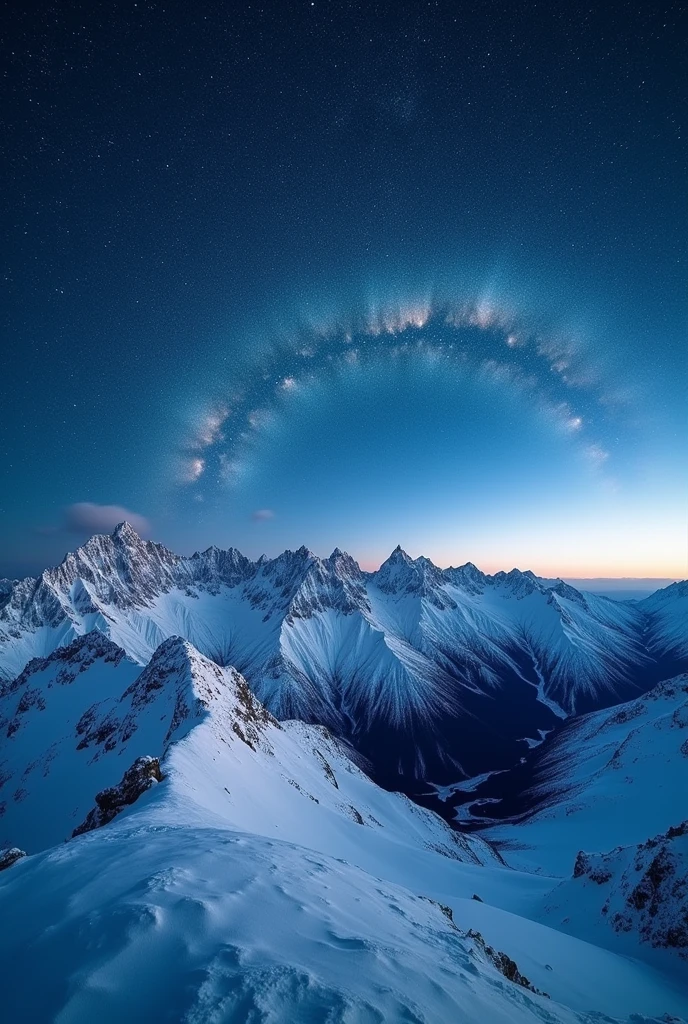A stunning night scene of snow-covered mountain ranges, with the peaks glistening under a blanket of snow. The sky above is filled with countless stars, shining brightly against the dark, clear night. The contrast between the white snow and the deep blue night sky creates a striking visual, with the Milky Way visible across the horizon. The scene is serene and majestic, capturing the tranquility of a winter night in the mountains. 4k.