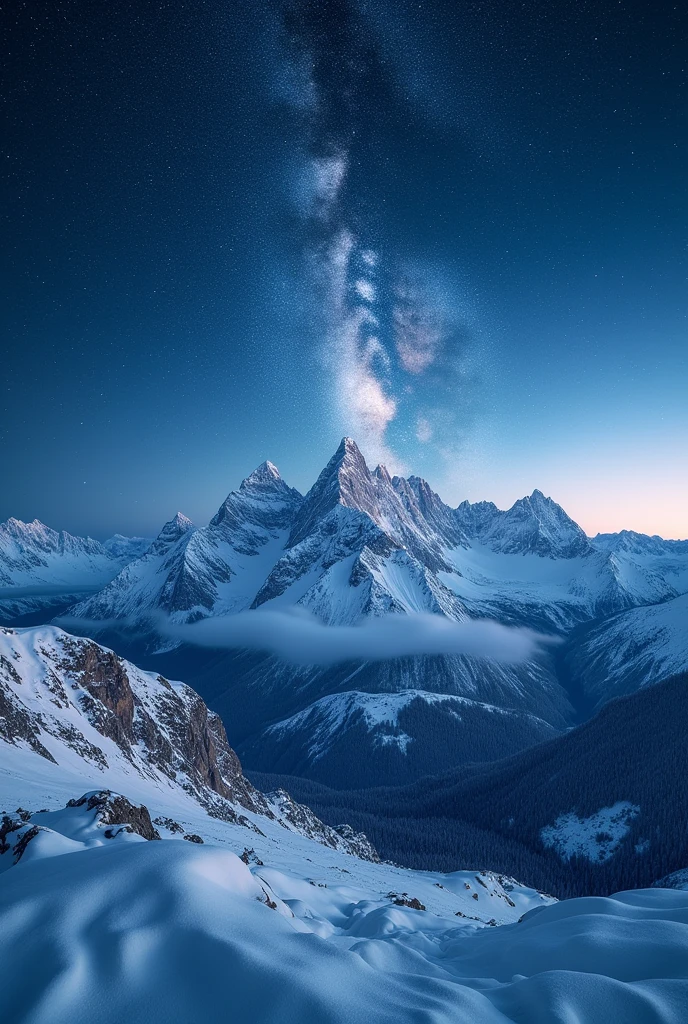A stunning night scene of snow-covered mountain ranges, with the peaks glistening under a blanket of snow. The sky above is filled with countless stars, shining brightly against the dark, clear night. The contrast between the white snow and the deep blue night sky creates a striking visual, with the Milky Way visible across the horizon. The scene is serene and majestic, capturing the tranquility of a winter night in the mountains. 4k.