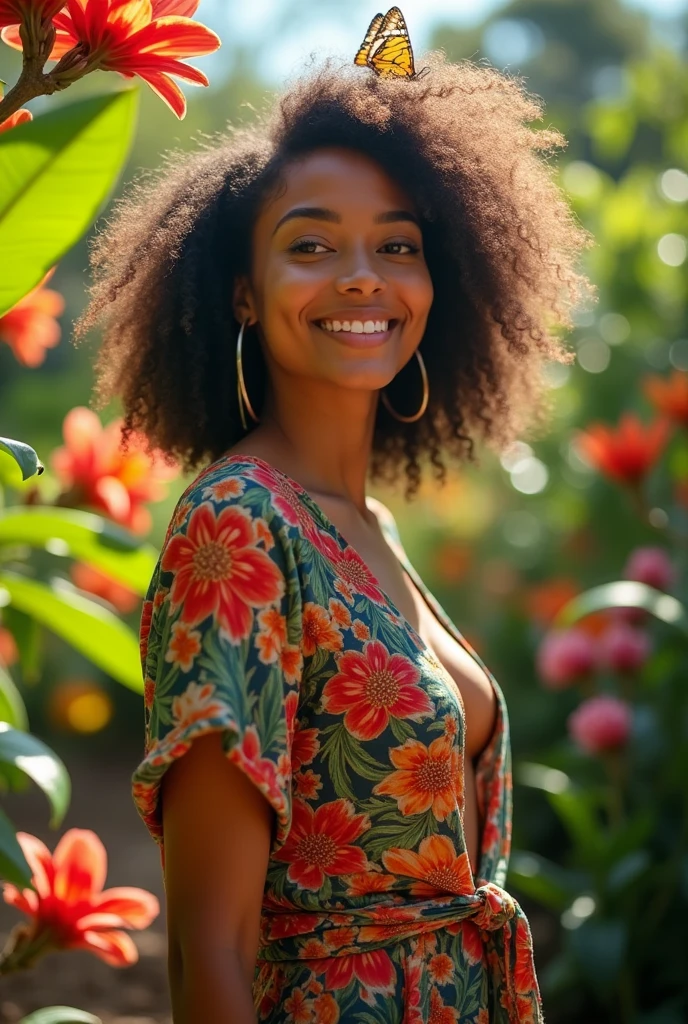 A Brazilian woman in a lush tropical garden, wearing an open shirt with a floral print, with a close-up capturing the harmonious beauty between her breasts and the natural flowers, showing off your natural charm and outgoing personality.