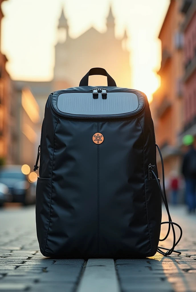 bagpack have solar , button on/off to open the zip, charging port and have logo of solar and electric in front