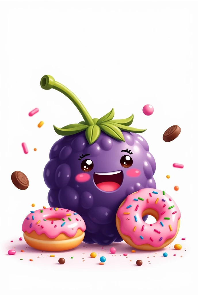 A cute blackberry smiling, together with a small pink donut smiling happily, and chocolate drops, com o fundo branco