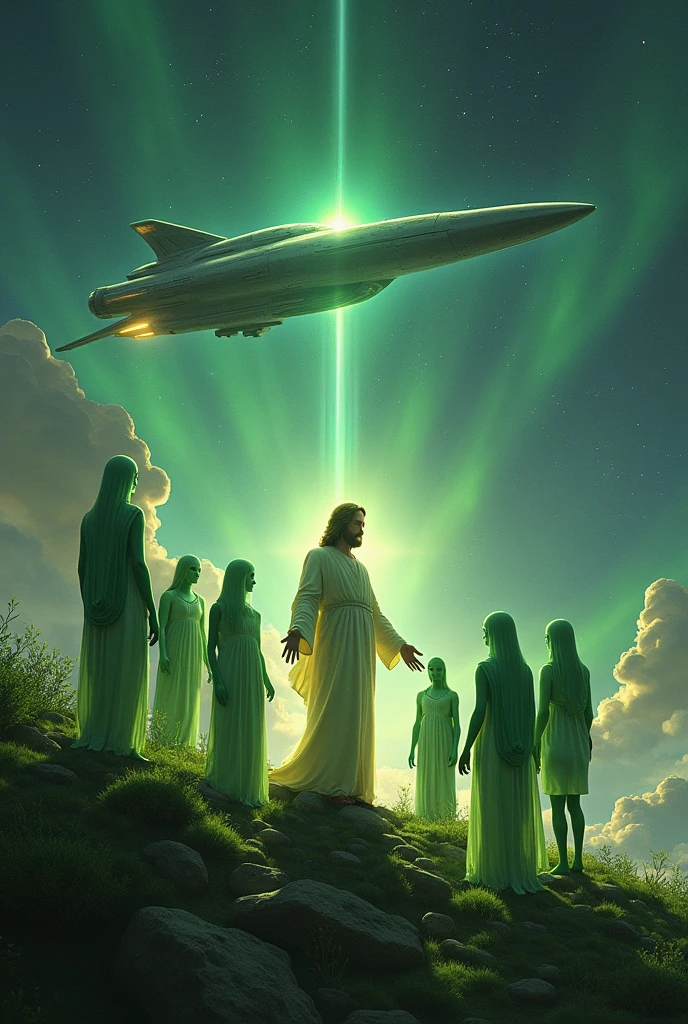 Jesus accompanied by green extraterrestrials and a spaceship