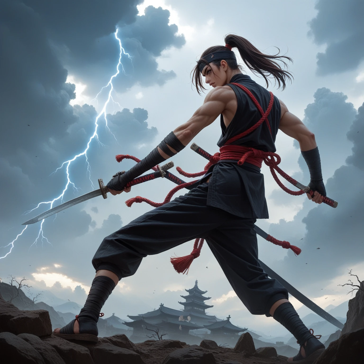 Make a ninja with his back turned about to face a giant who is his final enemy with clouds and lightning in the background