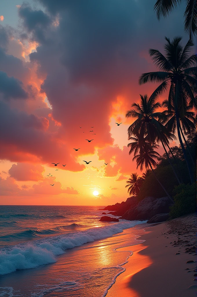 Please generate a beautiful sunset with dark clouds, birds flying. The setting must be beside the sea coast where there is coconuts