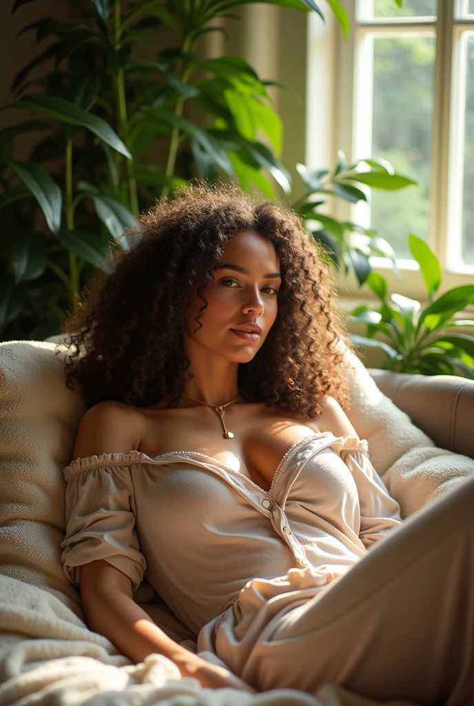 (photorealism:1.2), beautiful woman, sitting on bed, wearing loose off-shoulder top, pajama pants, long curly hair, indoors, soft lighting, plants in background, window with sunlight, cozy room, relaxed pose, realistic, intricate details, warm colors, by Greg Rutkowski, by Alphonse Mucha