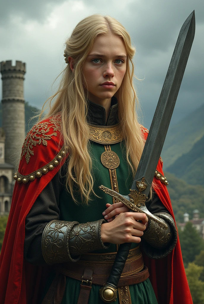 "A young nobleman in anime style with long blonde hair and bright green eyes, wearing luxurious noble clothing with intricate gold embroidery. He holds a large claymore sword confidently. The setting is a medieval fantasy world, with a slightly overcast sky to enhance the dramatic atmosphere. The art should emphasize the elegance and power of the character, with vibrant colors and detailed shading to highlight the textures of his outfit and the metallic sheen of the claymore. The background should be slightly blurred to keep the focus on the character."