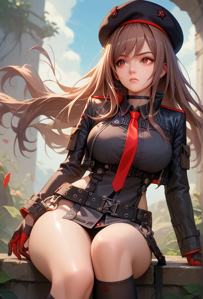 Lapidev, Red eyes, Brown Hair, Long Hair, bangs, beret, Black jacket, Cropped jacket, Red tie, gloves, Black Shirt, belt, Knee socks,9,score_8_superior,score_7_superior,masterpiece,Highest quality,Perfect Anatomy,so beautiful,Official Art,8k,Shiny_skin,fair_skin,white_skin, eiza、the throat is bulging、Thighs:1.4,Large Breasts:1.5,Sword Swallowing Position,The choker broke.