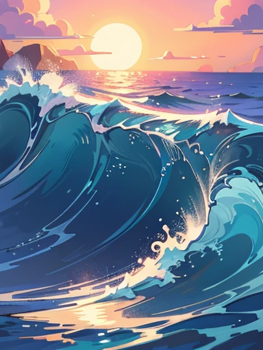 an image of a massive pipeline wave crashing in the ocean, shaped like the letter 'S' and styled with intricate patterns or textures, with a deep blue color and foamy white crest, under the soft light of sunrise. The wave should curl over dramatically, with the shades of pink, orange, and purple as the sun is just beginning to rise on the horizon, casting a warm glow over the scene. 