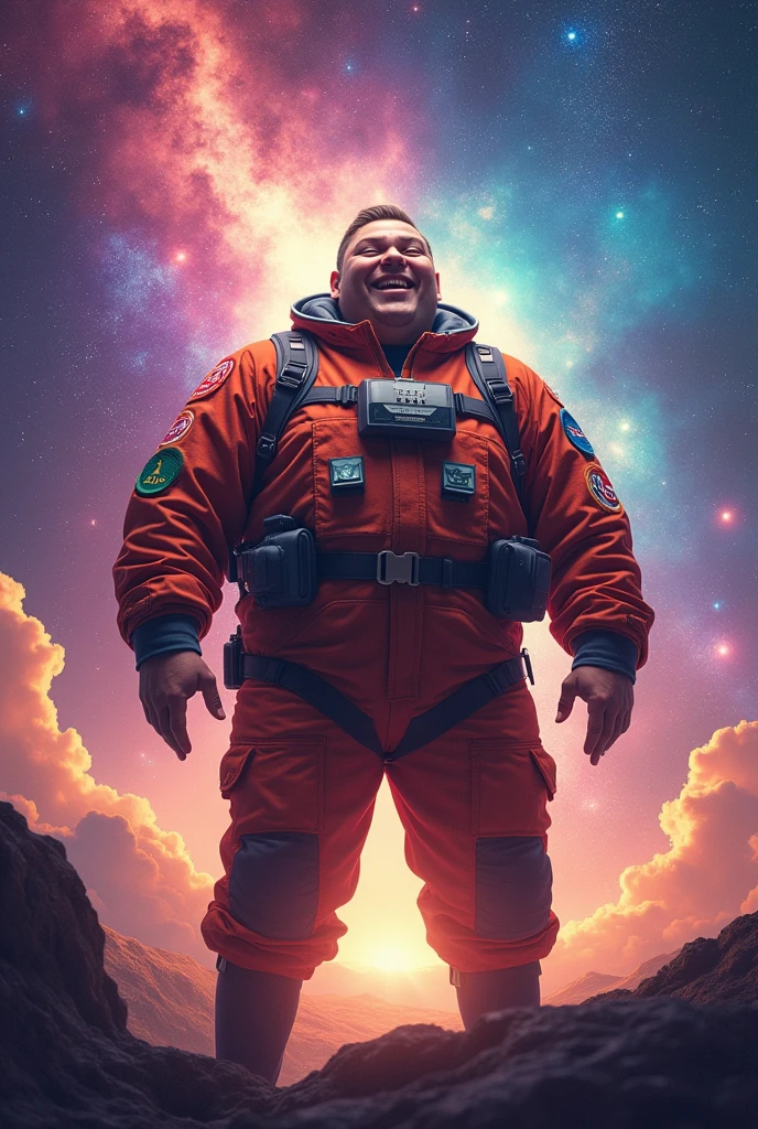 Fat guy, poster, epic scene, young, universe
