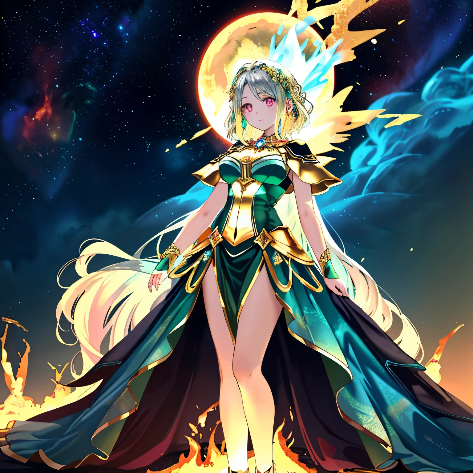 Perspective: (((full body)))
BREAK
「Light and shadow: ******((((burning golden, green, blue, emerald green aura, complex details, masterpiece, best quality)))) 1:1.8******」
BREAK
「Color: ****(((Gold (Main 1), Blue (Main 2), Green (Main 3), Emerald Green, Light Blue, Yellow, Silver, Deep Red, Purple, Orange, Pink)))**** 1:1.8」
BREAK
「Special: *****((((cute illustration:1.3, abstract, hyper-realistic, ultra detailed illustration)))) 1:1.7*****」
BREAK
「Resolution: *****((((ultra high resolution, high Saturation:1.2, HD, 4K, 8K, 16K, color bit depth 24-bit, 48-bit)))) 1:1.8*****」
BREAK
「Quality: *****((((masterpiece, best quality, ultra-detailed, Top Quality photorealistic Illustration, Ultra Definition, an extremely delicate and beautiful, detailed beautiful face and eyes, perfect hands, natural pose, smooth skin, accurate anatomy, ideal ratio body proportions, realistic fingers, golden ratio 1.2, drafting board 1.3)))) 1:1.8*****」
BREAK
「Face details: ****((((extremely detailed and beautiful face, glowing eyes, deep red glowing eyes, strong eyes)))) 1:1.7****」
BREAK
「Movement details: ******((((controlling swirling blue flames, using burning blue glowing magic)))) 1:1.8******」
BREAK
「Background details: ******((((fantasy volcano background, stress of lava, celestial background, atmosphere of worshiping gods)))) 1:1.8******」
BREAK
「Clothing details: ******((((dynamic clothing, manipulating glowing magical symbols)))) 1:1.8******」
BREAK
Theme: (((Spiritual protection, peace and tranquility, blessing, protection, and guardianship for the improvement of living standards))) 1:1.5
BREAK
Number of characters: (ultra-ultimate beautiful) one woman
BREAK
Emotions and expressions: ((calm expression expressing feelings of peace and protection))
BREAK
Composition: ((woman placed in the center, background with fantasy volcano and celestial bodies))
BREAK
Body type: ((ideal body type, realistic fingers, golden ratio 1.2))
BRE