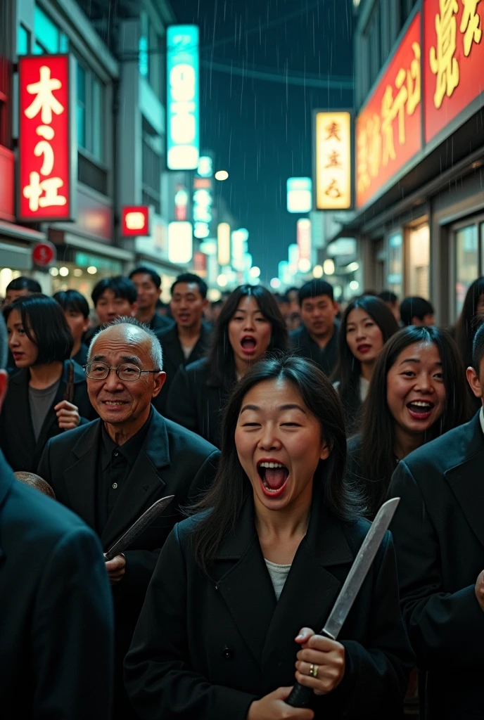 Many people scary smile smile smile everywhere ordinary people Japanese background is night male and female door scope through knife bad frying pan hammer