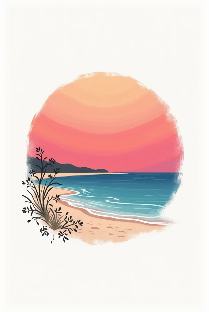 Idea for an American Neo Traditional - Japanese tattoo of a beach in sand colors , pink and orange gradient blue sky,with a fully white background , super minimalist ,square format