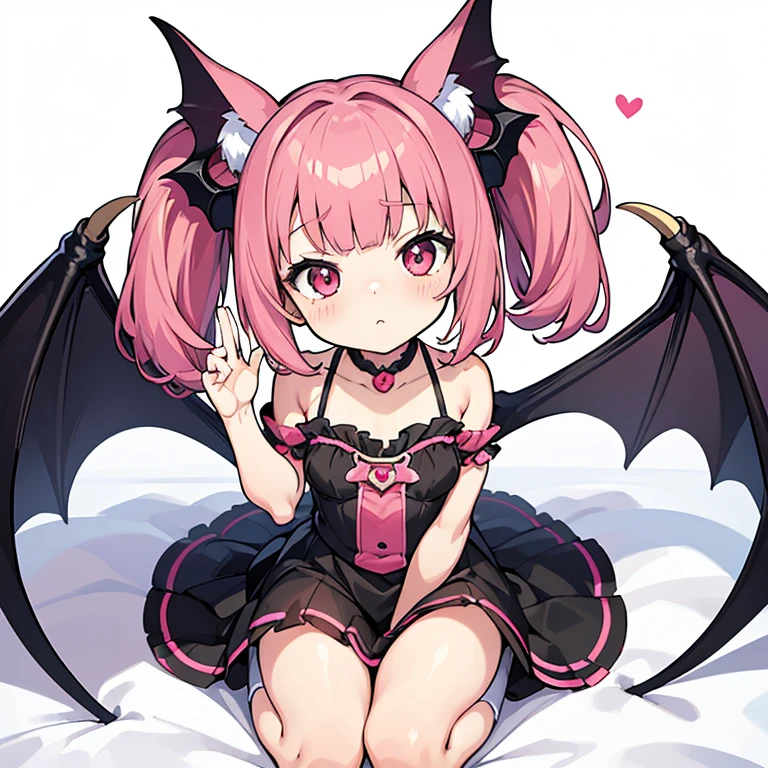 (masterpiece,best quality,ultra-detailed), an anime girl who is 7 , playful and sweet succubus. She has candy pink m-shaped bangs short hair with twin ponytails, ruby round eyes, fruit bat ears and wings, wearing a sexy succubus costume, look at viewer