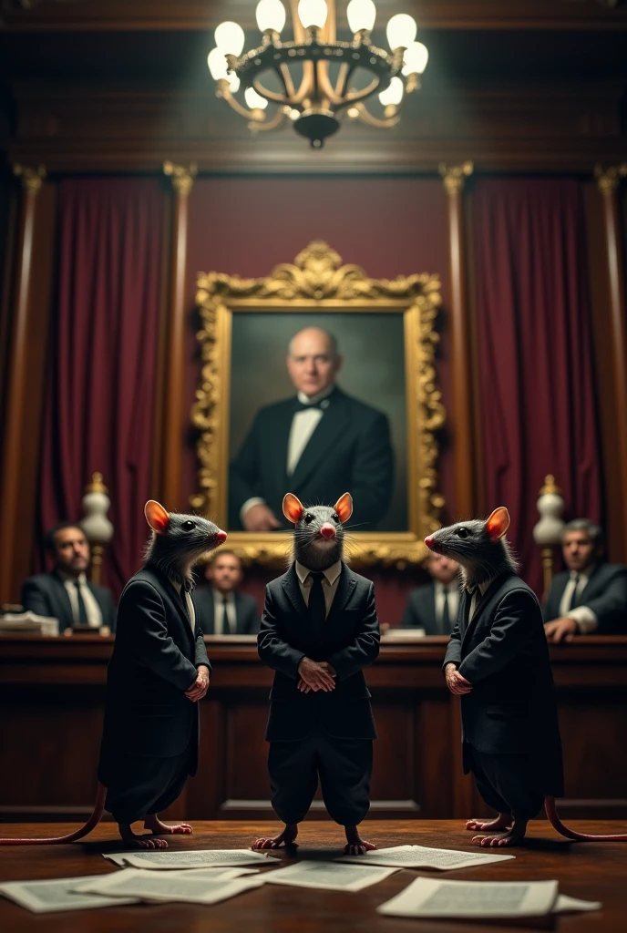 Several corrupt rats standing in front of a photo in the Guatemalan Congress