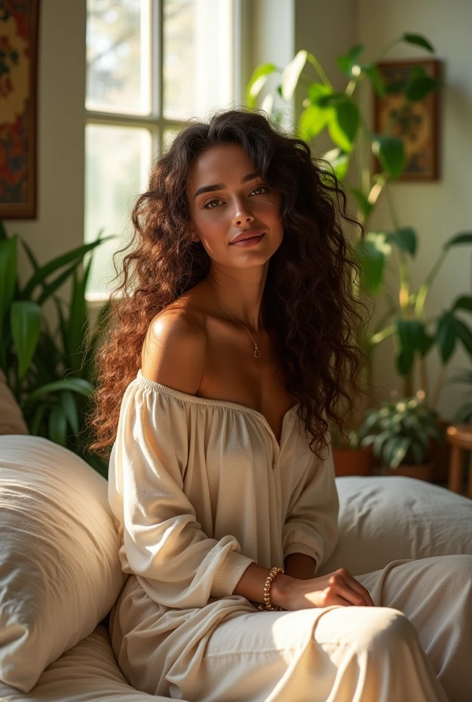 (photorealism:1.2), beautiful woman, sitting on bed, wearing loose off-shoulder top, pajama pants, long curly hair, indoors, soft lighting, plants in background, window with sunlight, cozy room, relaxed pose, realistic, intricate details, warm colors, by Greg Rutkowski, by Alphonse Mucha