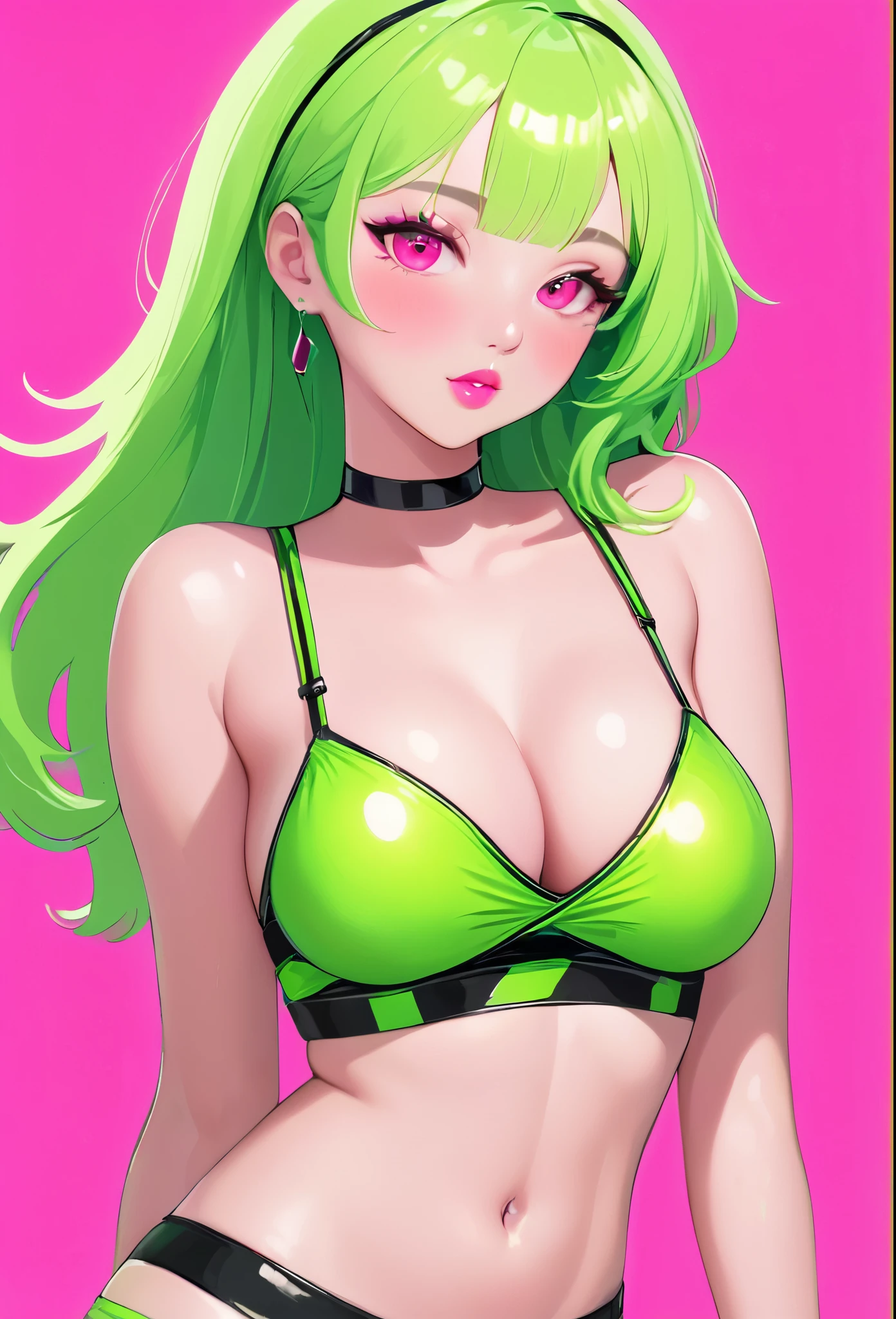 ulzzang, neon pink lipstick, big tits, thick thighs, thin waist, sexy, lime green metallic crop top, ((underboob)), (messy neon green hair), pink eyes, minimalist, lonely, cleavage, monochromatic neon green color palette, soft lighting, ((submissive)), blushing, ((neon pink background)), ((looking at viewer)), ((realistic)),
