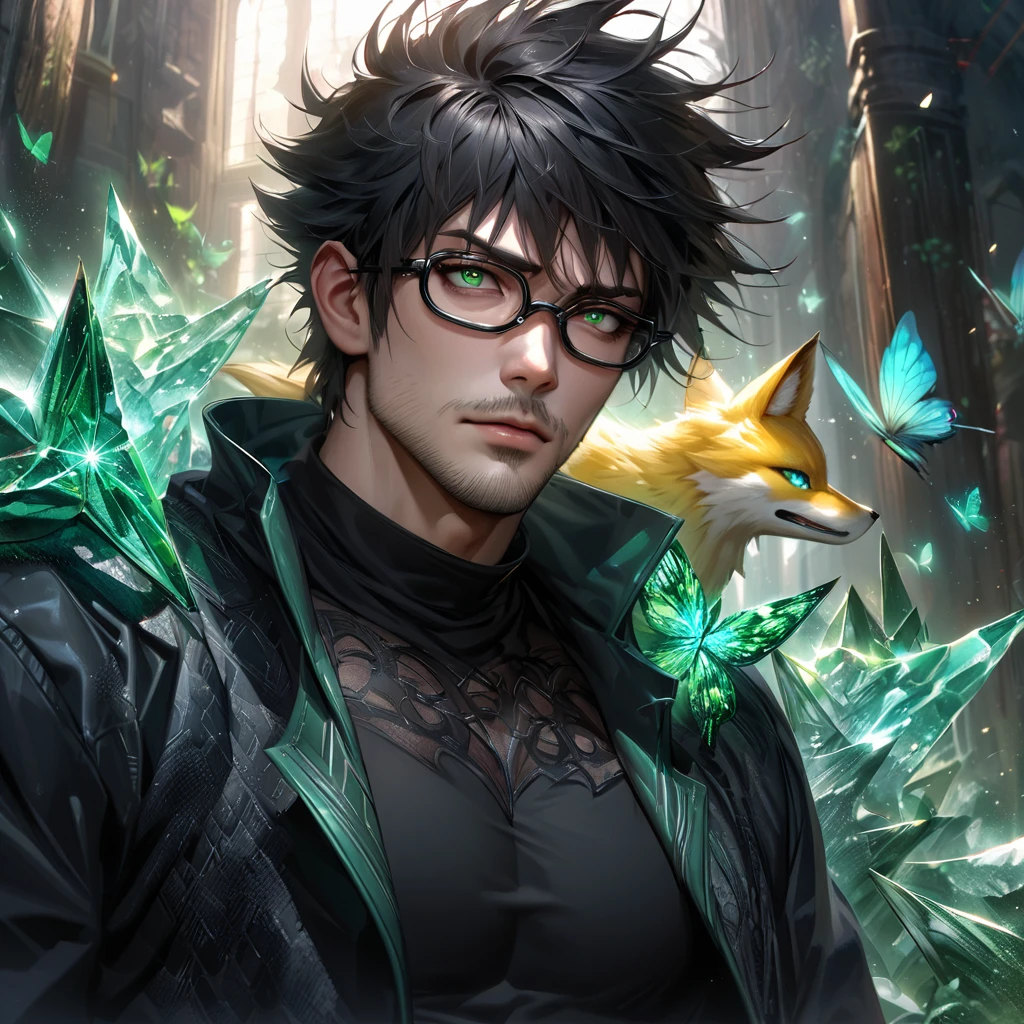 Extremely detailed, high resolution, absurd, HDR, masterpiece, Fushiguro Megumi, Black Hair, Expressive green eyes, Jiu Jitsu Kaiba, Black pattern long coat, green Ice flowers, petal, Very handsome, Sexy men, Solitary, Extremely detailed eyes and face, green Ice, green Ice sparkling butterflies, Black T-shirt, Realistic face, sparkling, sparkling eyes, yellow Fox, men with stubble, short beard, short mustache, Beard scum, slightly curly hair, and black square plastic-framed glasses