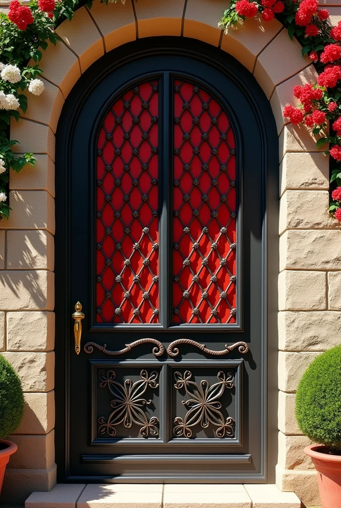Black wrought iron door with a red diamond-shaped grille with flowers at each intersection of the lines using three colors of red, white and gold