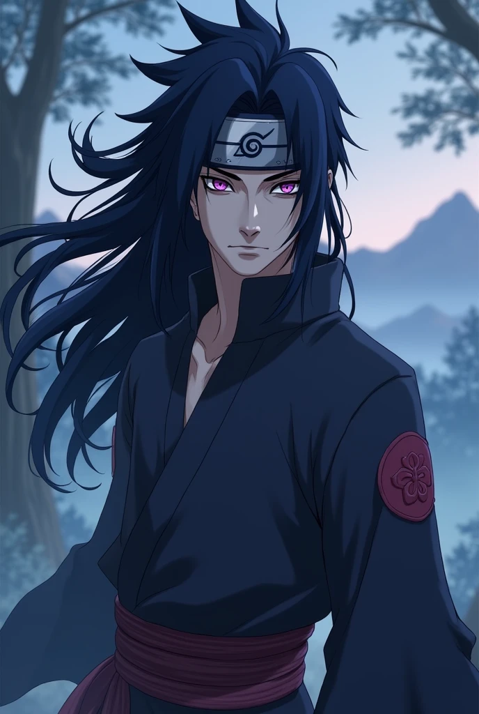 Create a Naruto character based on the design used in this anime. The character must have beautiful features, slanted eyes of a very dark purple color, almost black, pale skin, a bandage on their forehead covering their left eye, and their hair must have a shape similar to that of Indra Otsutsuki, dark blue color, long hair very similar to the Uchiha clan's, a very handsome male character like Sasuke Uchiha
